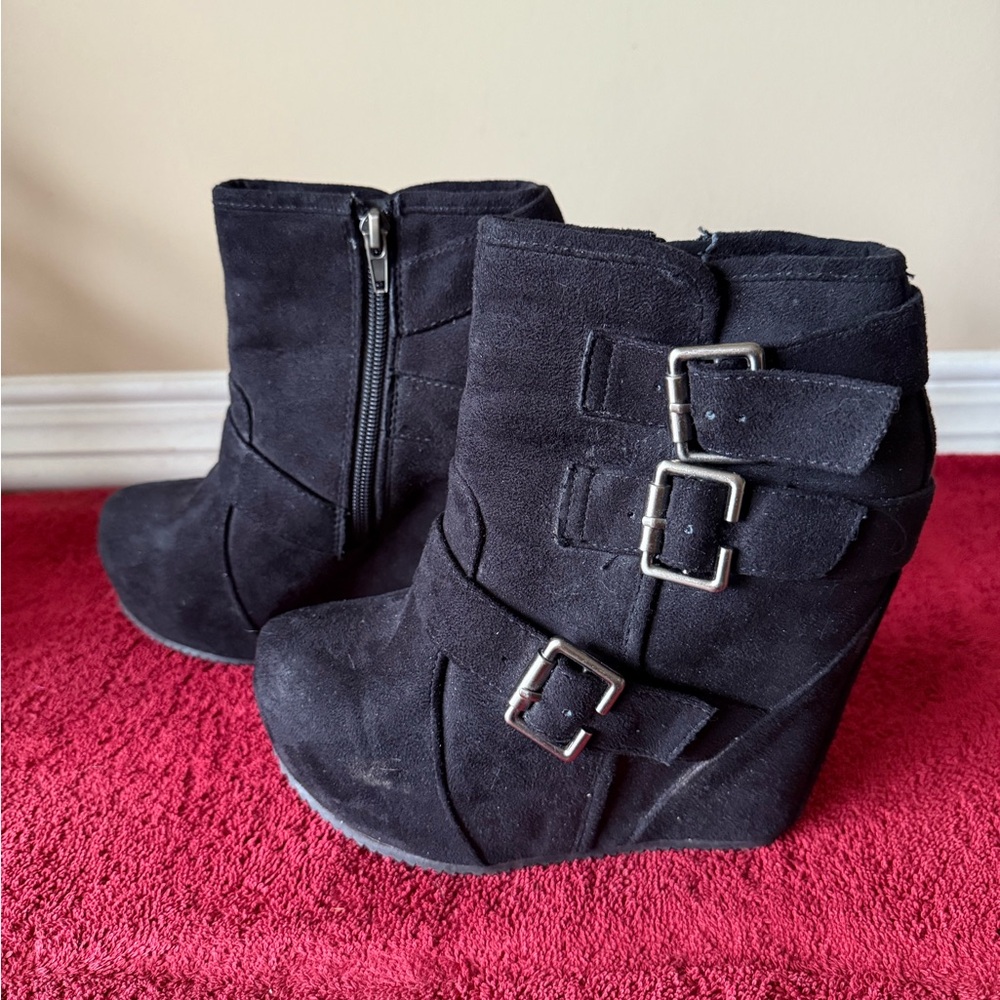 Black Suede Ankle Boots with Buckle Detail
